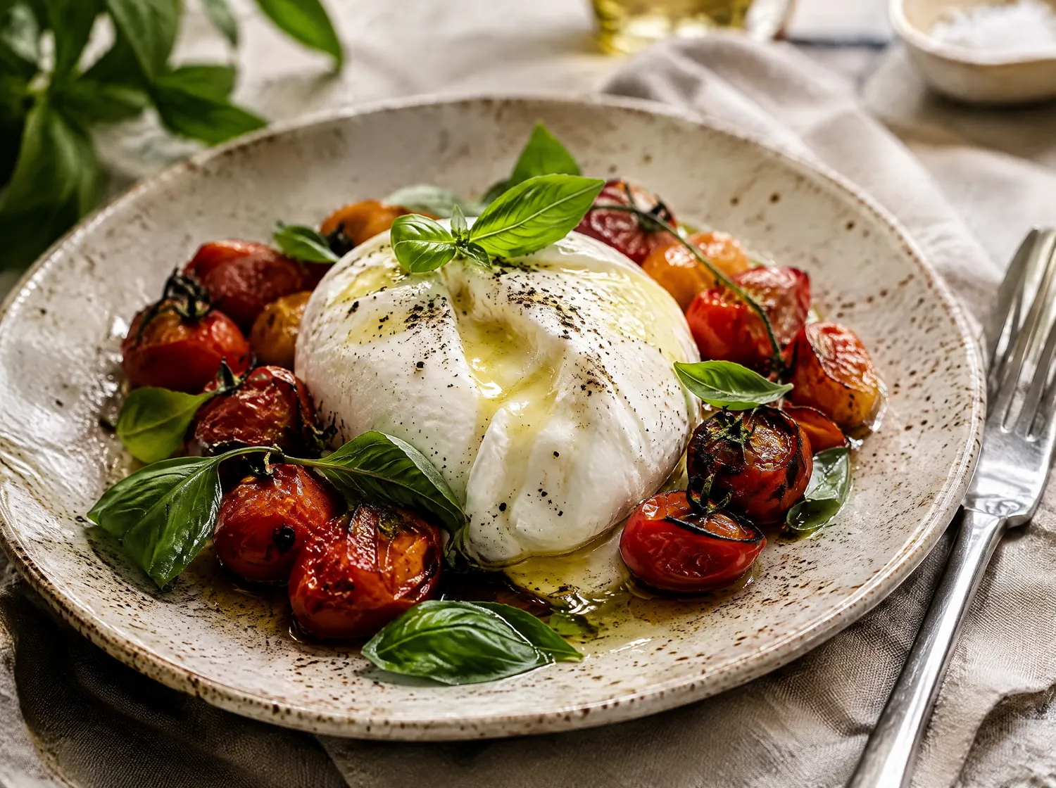 Burrata mit Kirschtomaten und Basilikum